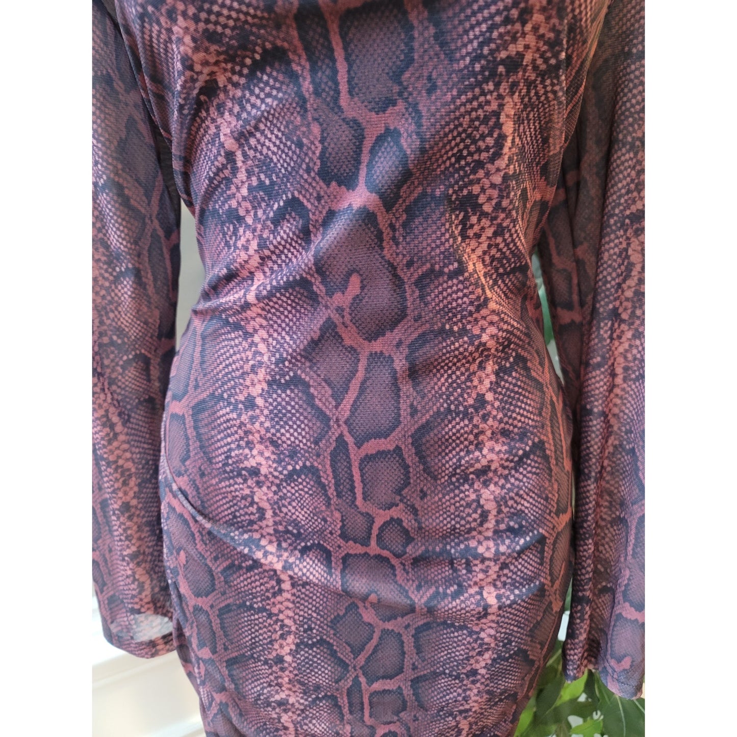 Bodycon Dress Women XL Purple Snake Print Mock Neck Long Sleeve Ruched