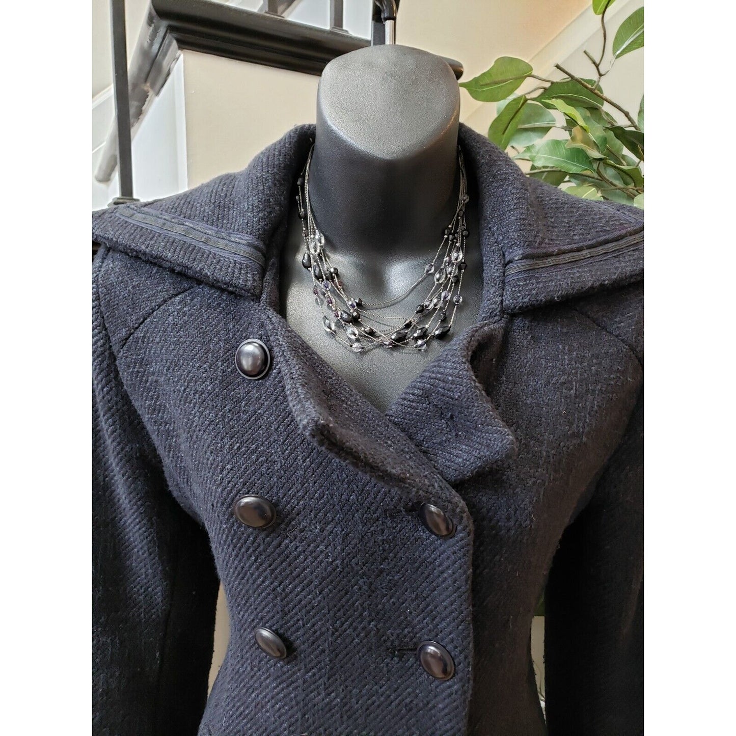 Mint Womens Black Wool Lined Wide Collar Double Breasted Trench Coat Size 2