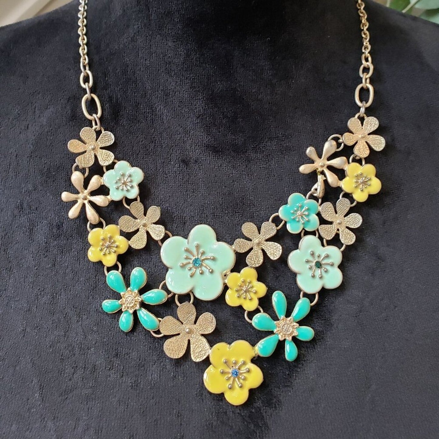 Womens Blue Yellow Rhinestone Floral Bib Necklace Jewelry with Lobster Clasp