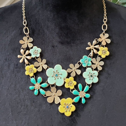 Womens Blue Yellow Rhinestone Floral Bib Necklace Jewelry with Lobster Clasp