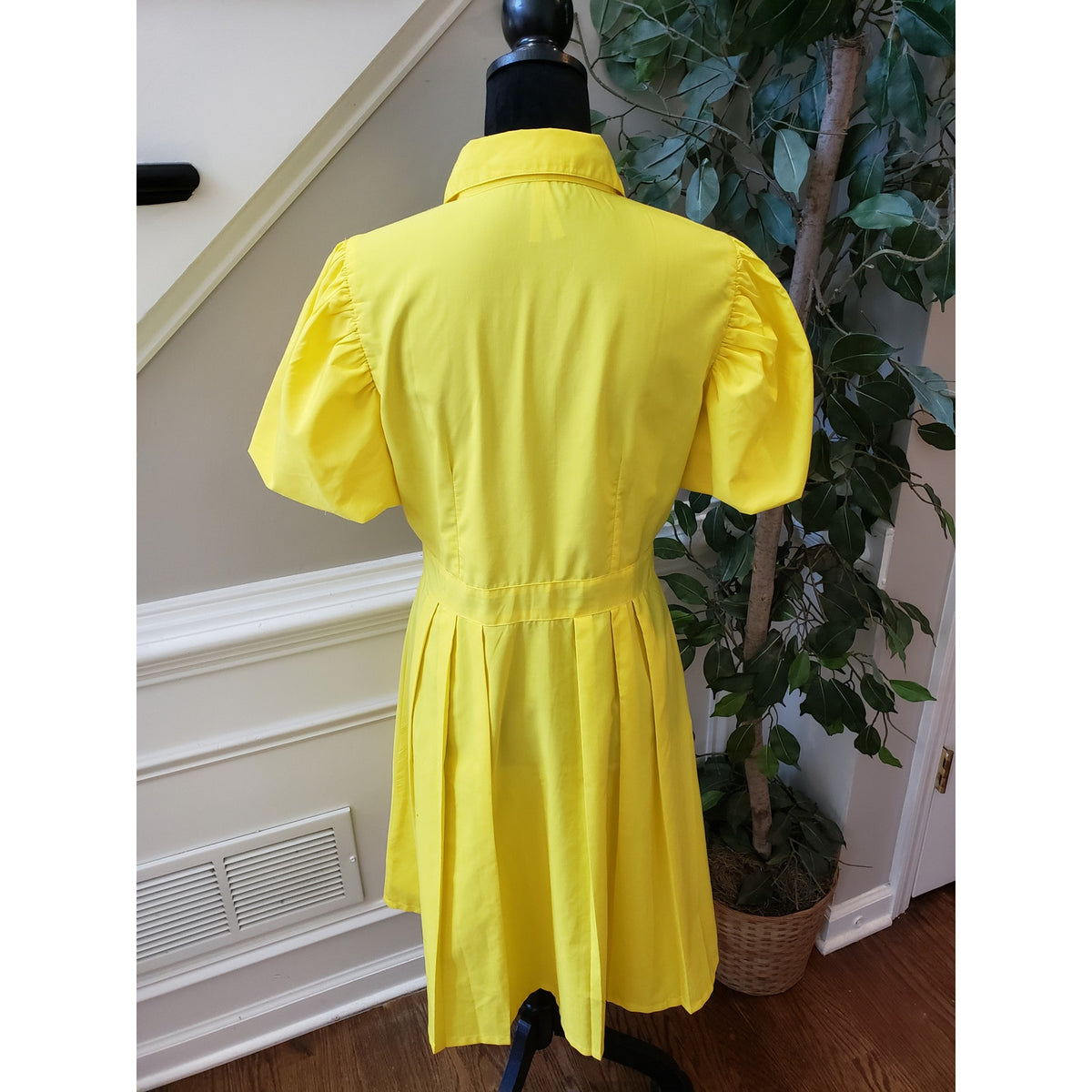 True Destiny A Line Shirt Dress Women's Large Yellow Puff Sleeve Button Down