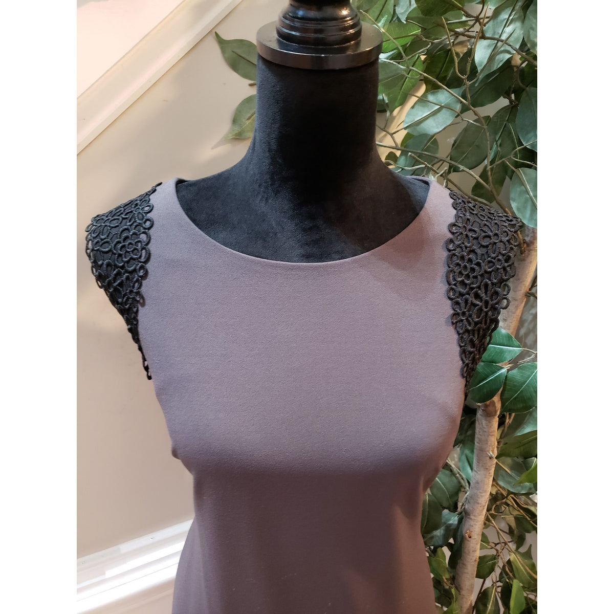 Calvin Klein Bodycon Dress Women 12 Gray Lace Trim Sleeveless Stretch Back Zip