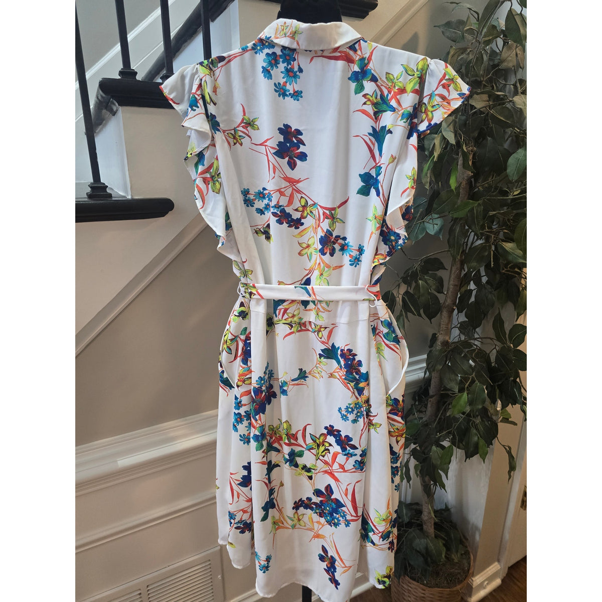 Worthington Shirt Dress Womens 6 White Floral Button Up Waist Tie Flutter Sleeve