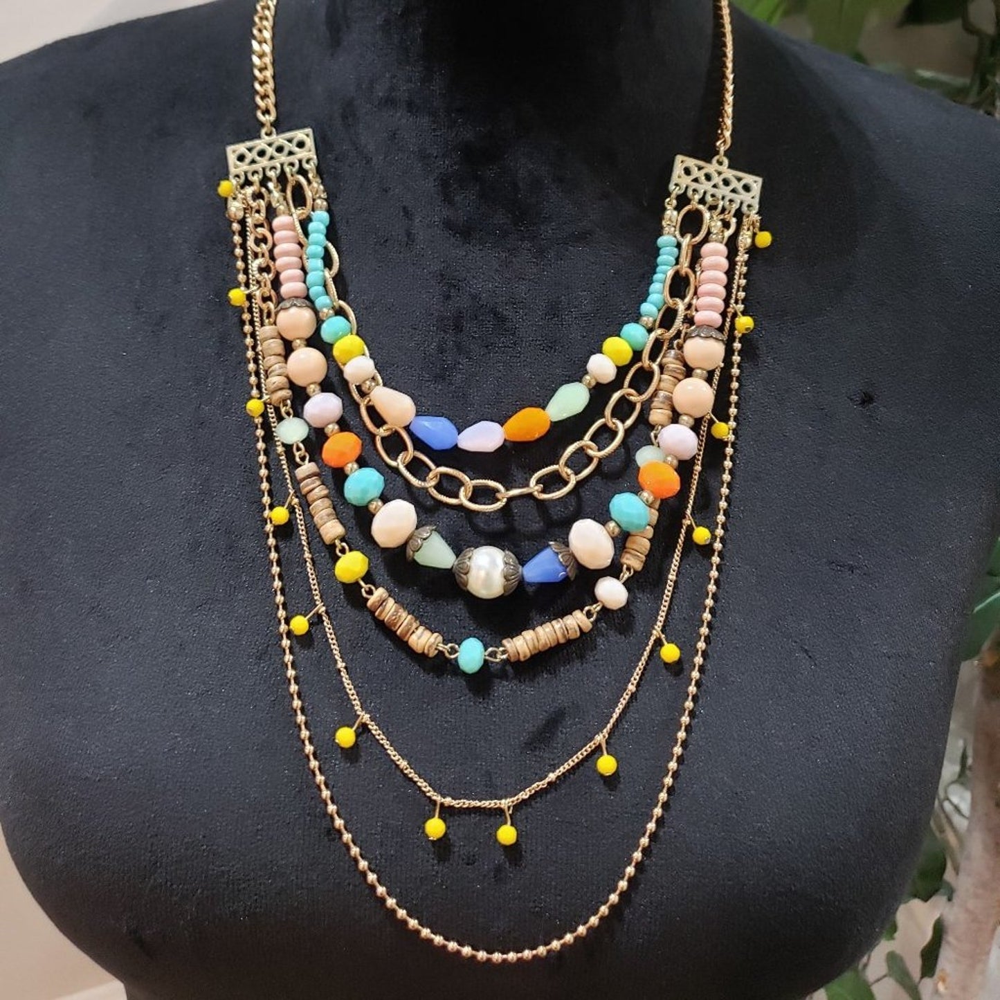 Plunder Multi Resin Layered Bead Gold Tone Boho Statement Necklace and Bracelet