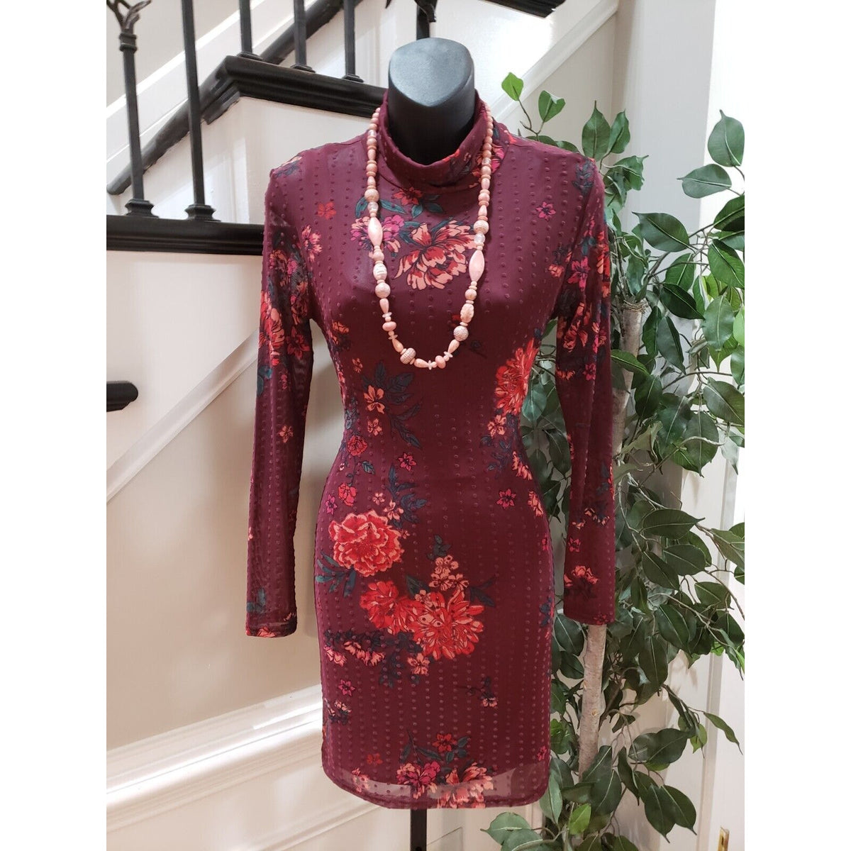 Planet Gold Maroon Dotted Mesh Floral Lined Mock Neck Knee Length Dress Size S