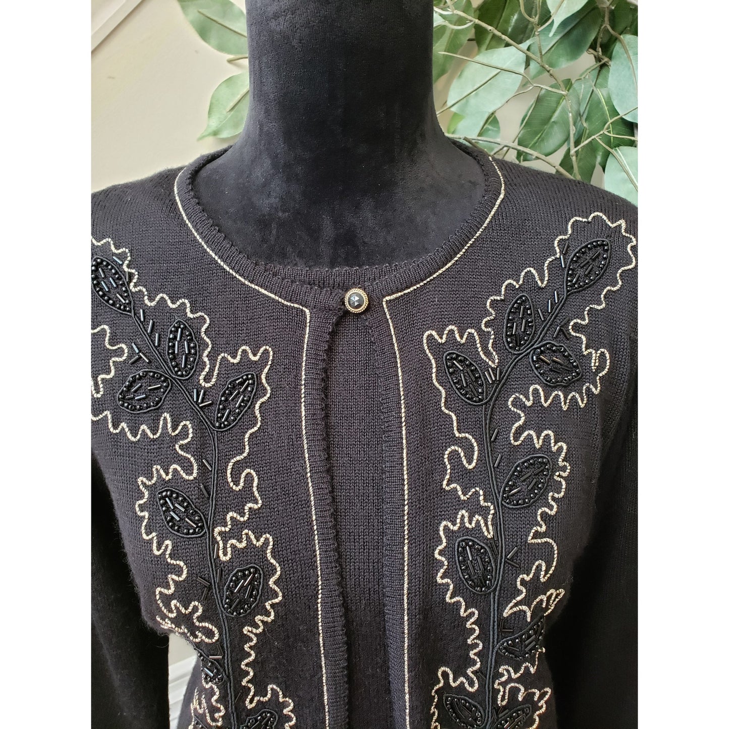 Alfred Dunner Cardigan Sweater Womens Petite M Black Layered Embroidered Beaded