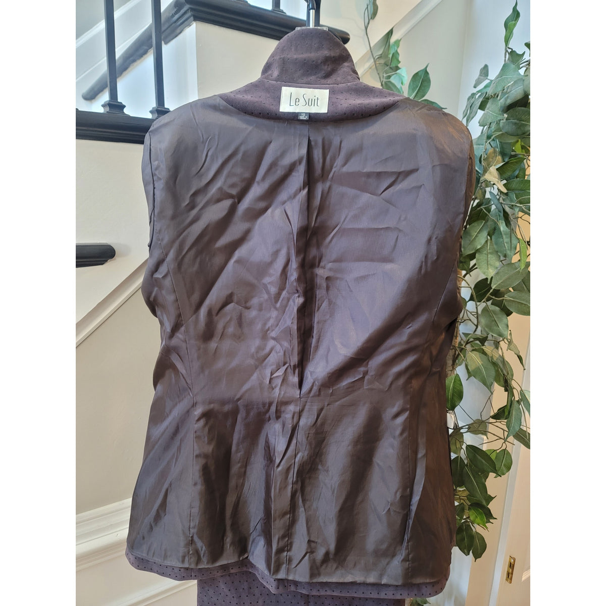 Le Suit Skirt Set Women's SZ 10 Brown Pin-Dot Fully Lined Back Slit long Sleeve