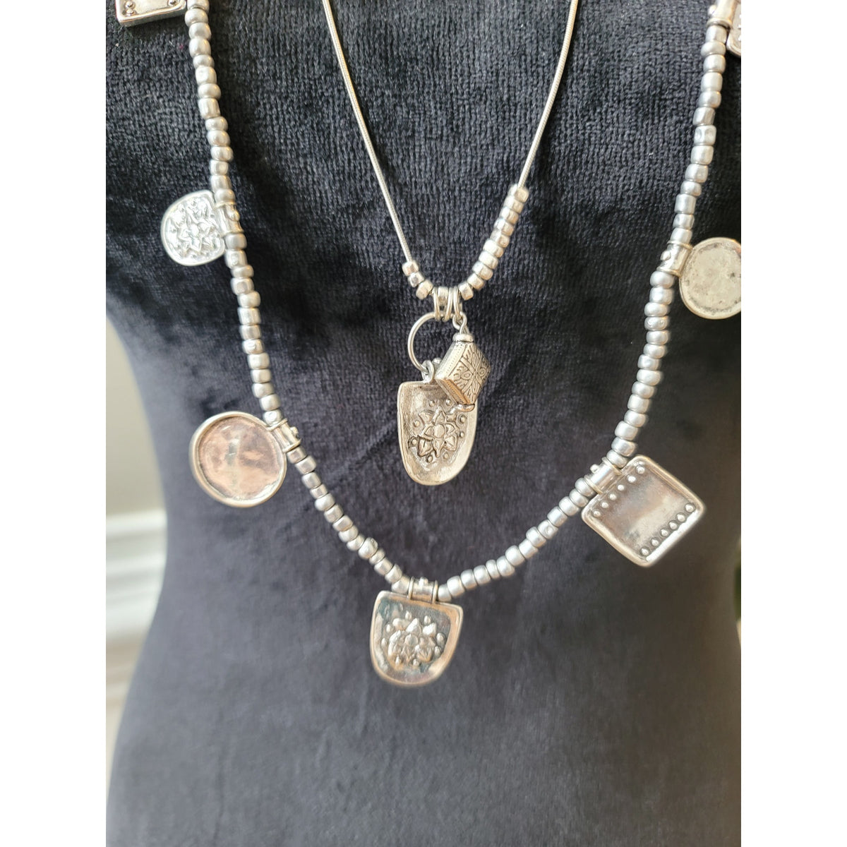 Chico's Women's Long Silver Beaded Necklace With Charms And Lobster Claw Lock