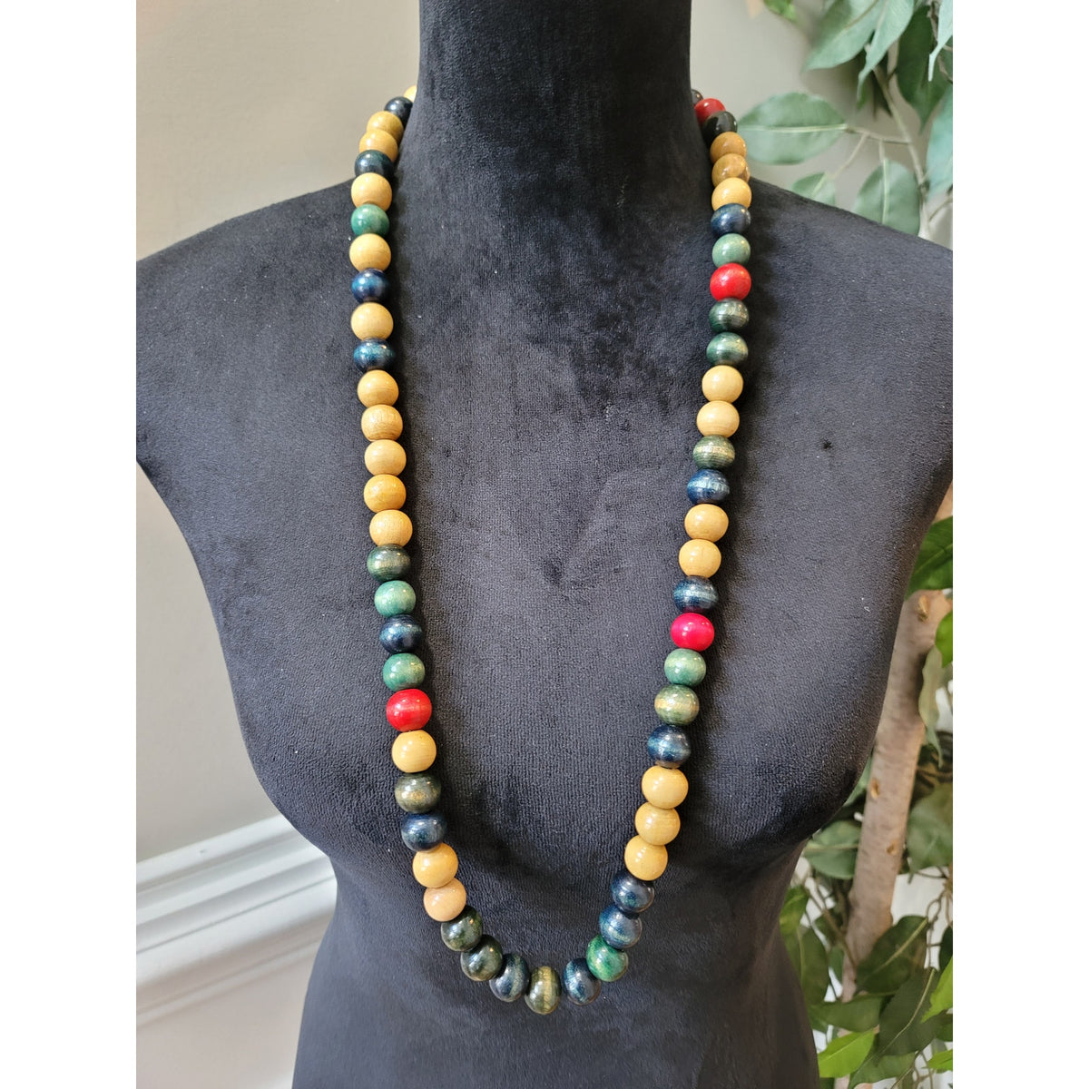 Women's Handcrafted Colorful Wooden Bead Long Necklace With Knotted Finish