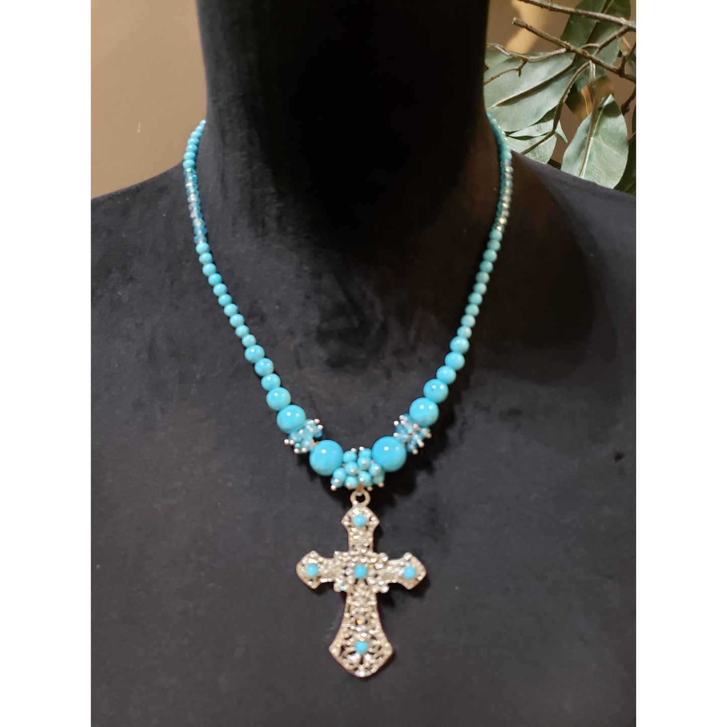 Womens Gold Tone Turquoise Beads Rhinestone Cross Pendant Necklace with Lobster