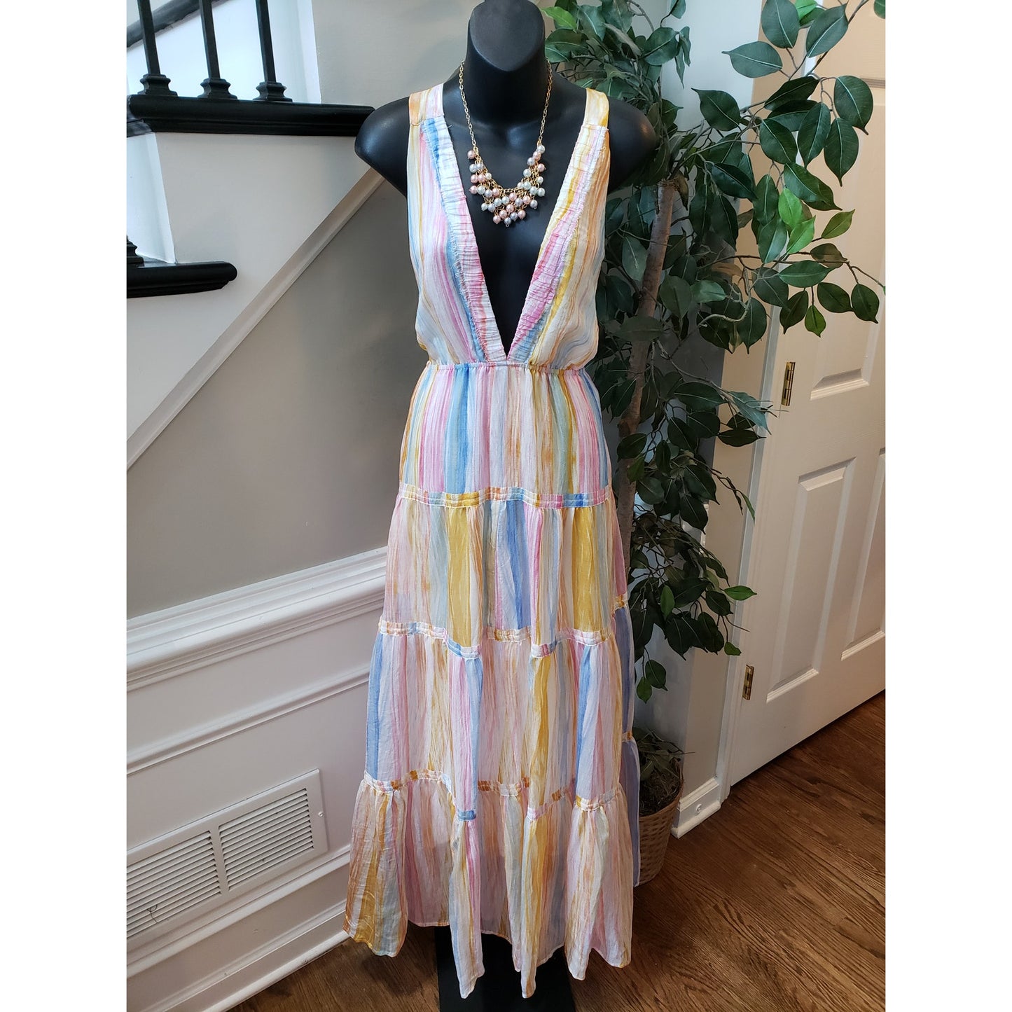 Fashion Nova Long Maxi Dress Womens S Yellow Combo Cinch Waist Tier Drop Stripe