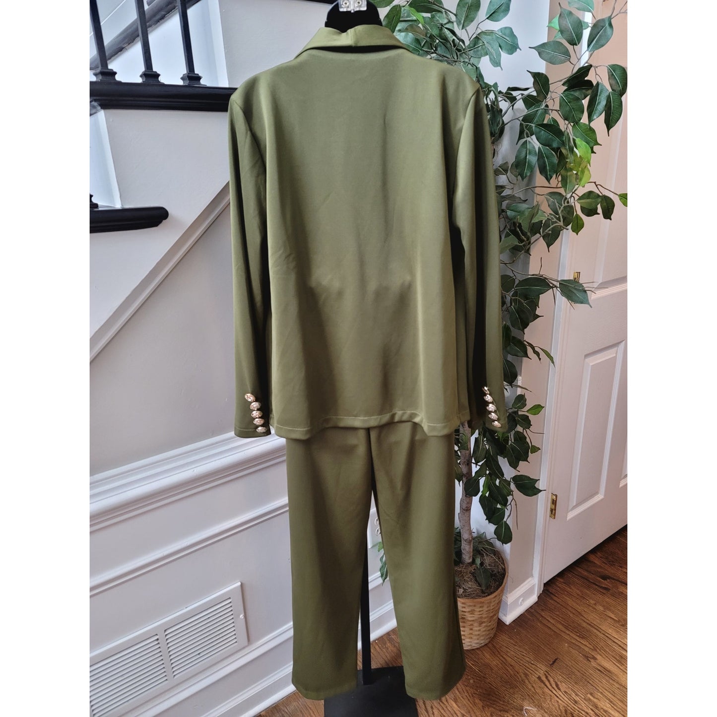Women's 2 Piece Suit Size L Green Solid Long Sleeve Double Breasted Open Front