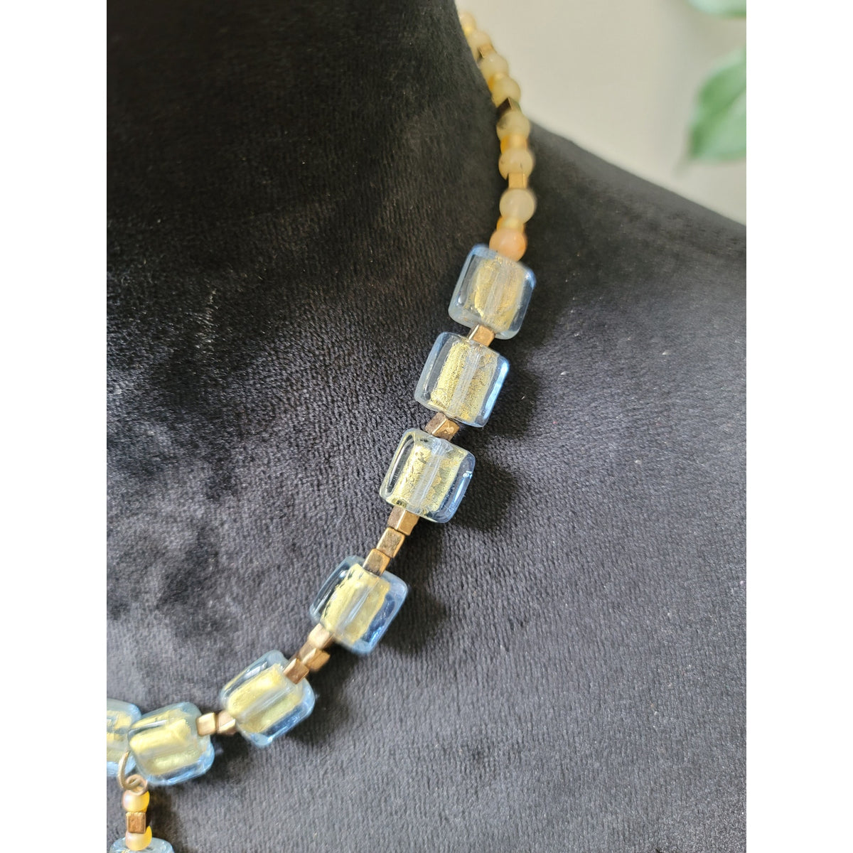 Women's Blue And Gold Glass Beaded Necklace With Barrel Screw Clasp Lock