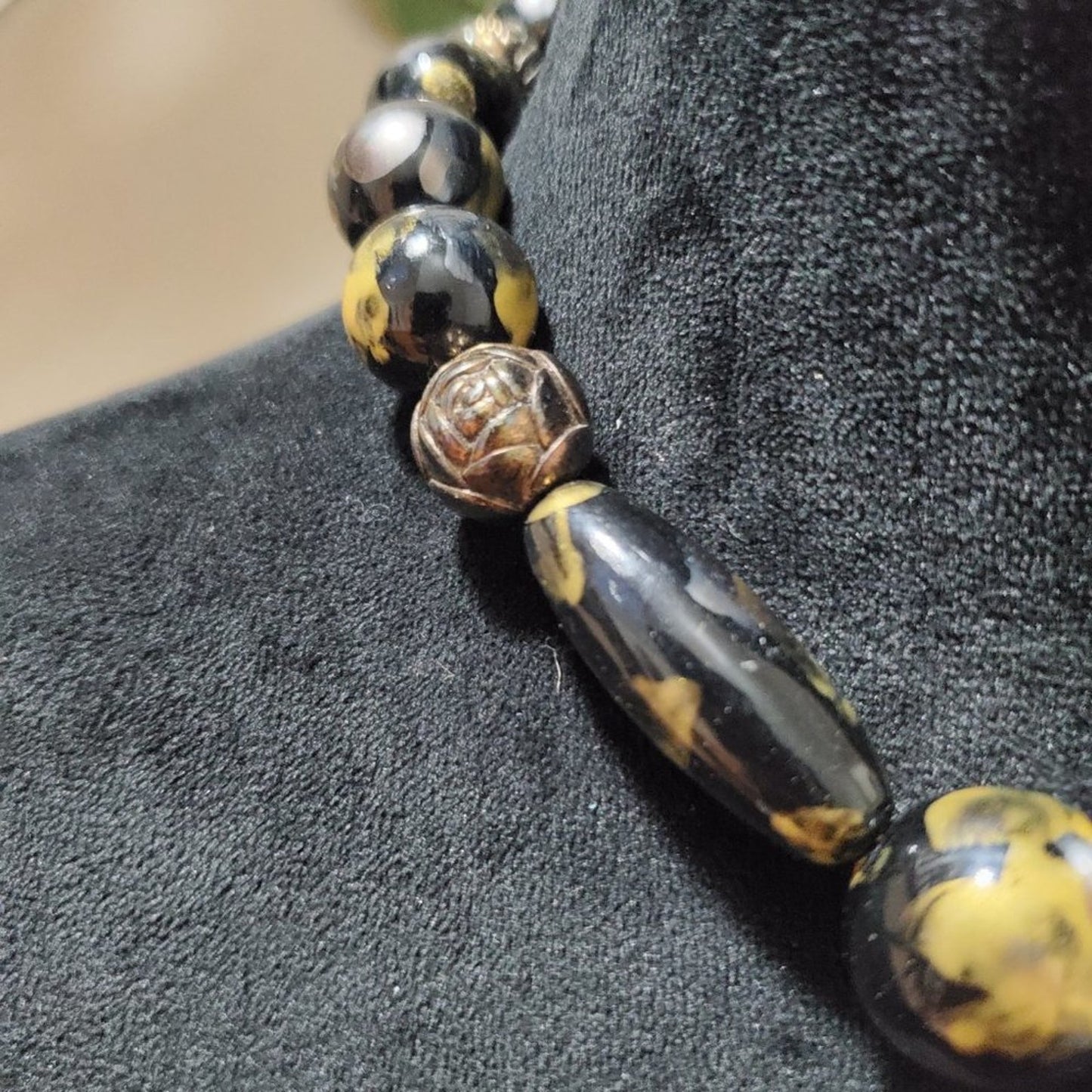 Womens Fashion Sculpted Orbs Black Gold Bead Bib Necklace with Spring Ring Clasp