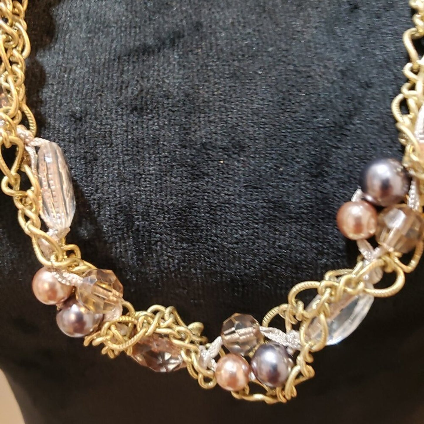 Womens Pink Brown Pearl and Crystal Beaded Necklace Jewelry with Lobster Clasp