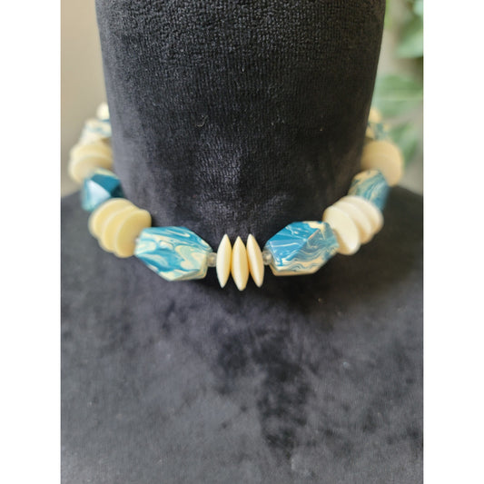 Womens Chunky Beaded Necklace Blue Cream Acrylic Beads With Spring Ring Clasp