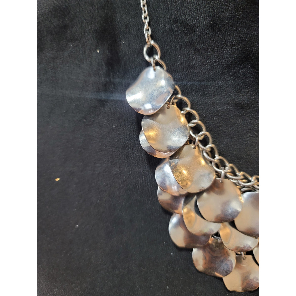 Women's Silver Tone Statement Bib Necklace Layered Hammered Discs Chain