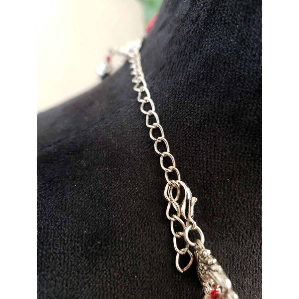 Red & Silver Tone Multi Strand Beaded Necklace Heart Locket Pendant Boho Style