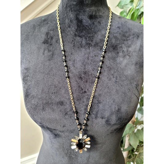 Loft Black Crystal Statement Pendant Necklace Gold Tone Long Chain Vintage