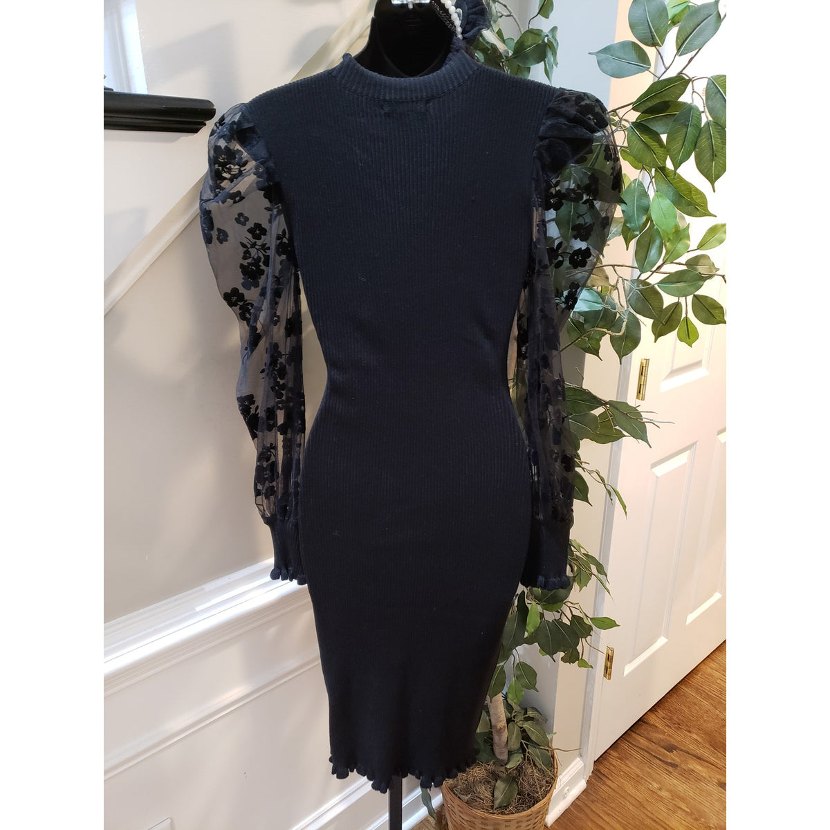 Fashion Nova Bodycon Dress Womens Small Black Floral Sheer Long Sleeve Mock Neck