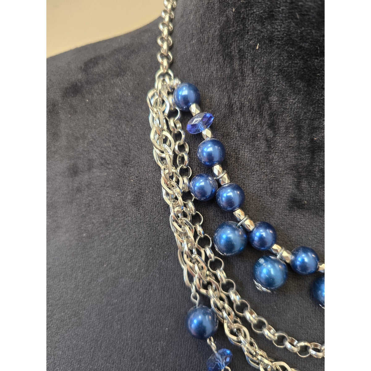 Women's Silver-Tone Multi-Strand Chain Blue Ball Beaded Statement Bib Necklace