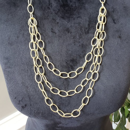 Womens Gold Tone Triple Strand Oval Link Chain Necklace with Lobster Clasp