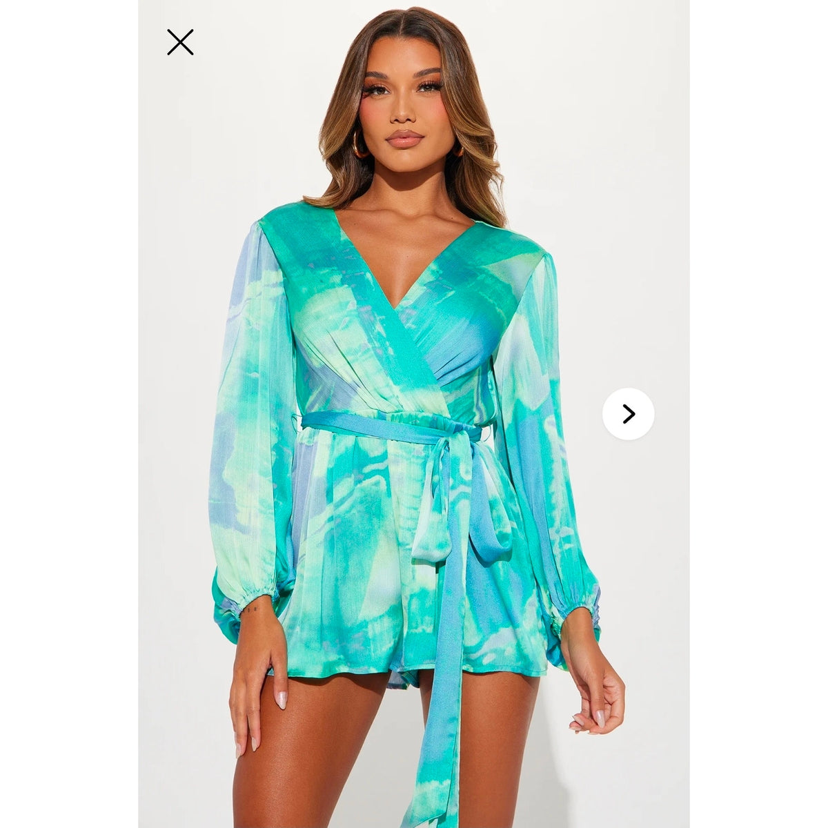 Fashion Nova Jumpsuit Romper Women's M Green Watercolor 100% Polyester Tie Waist