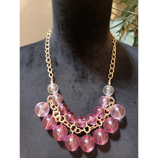 Womens Gold Tone 2 Strand Pink Glass Balls Statement Necklace with Lobster Clasp