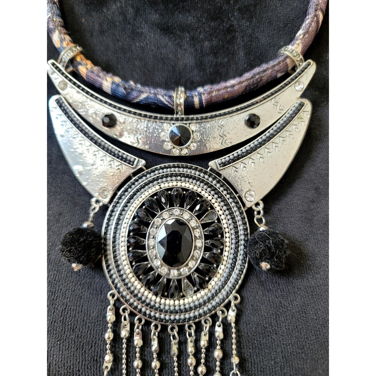 Silver Tone Tribal Bib Necklace Black White Beaded Fringe Boho Statement