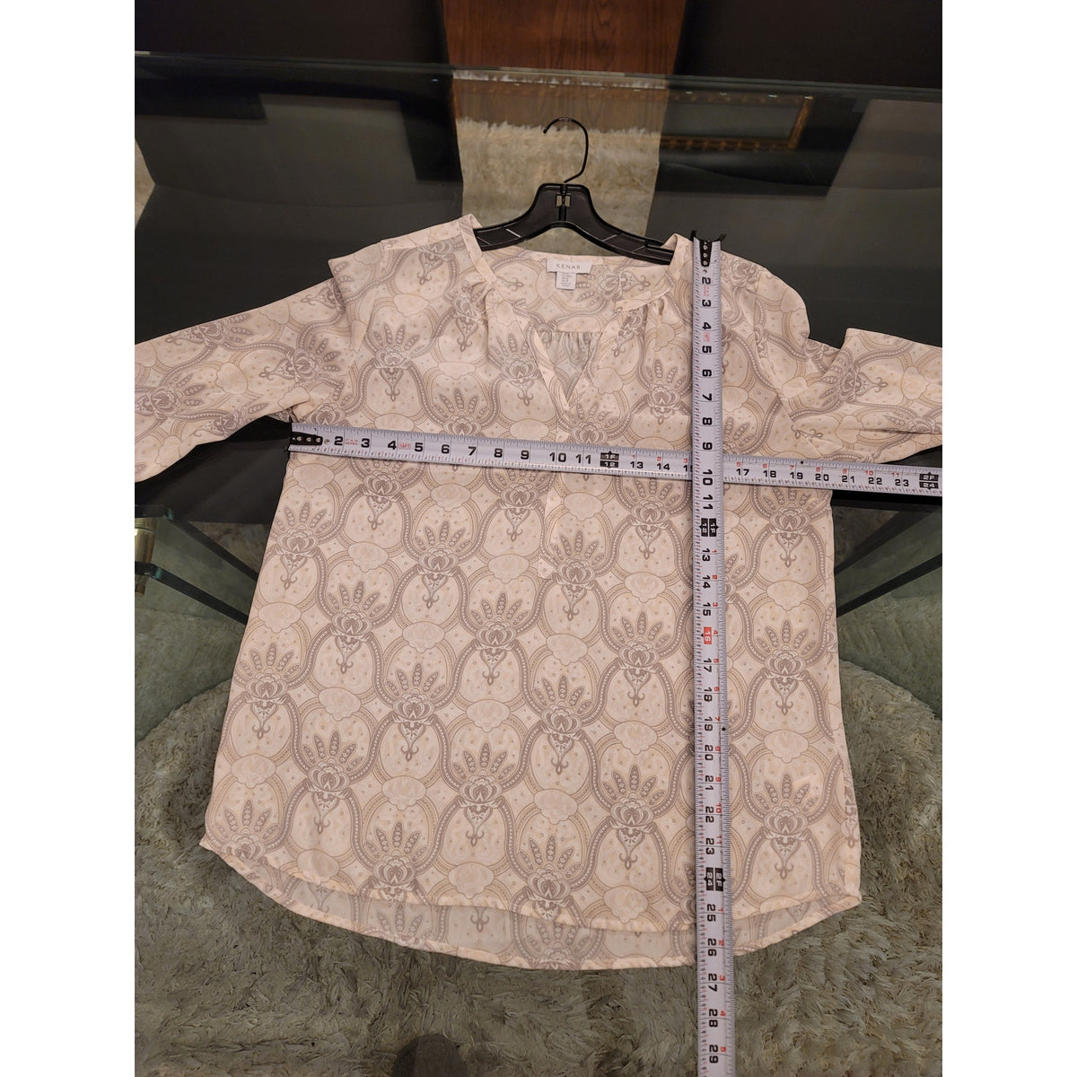 Kenar Pullover Blouse M Beige Gray Floral Split Neck Curved Hem Balloon Sleeve
