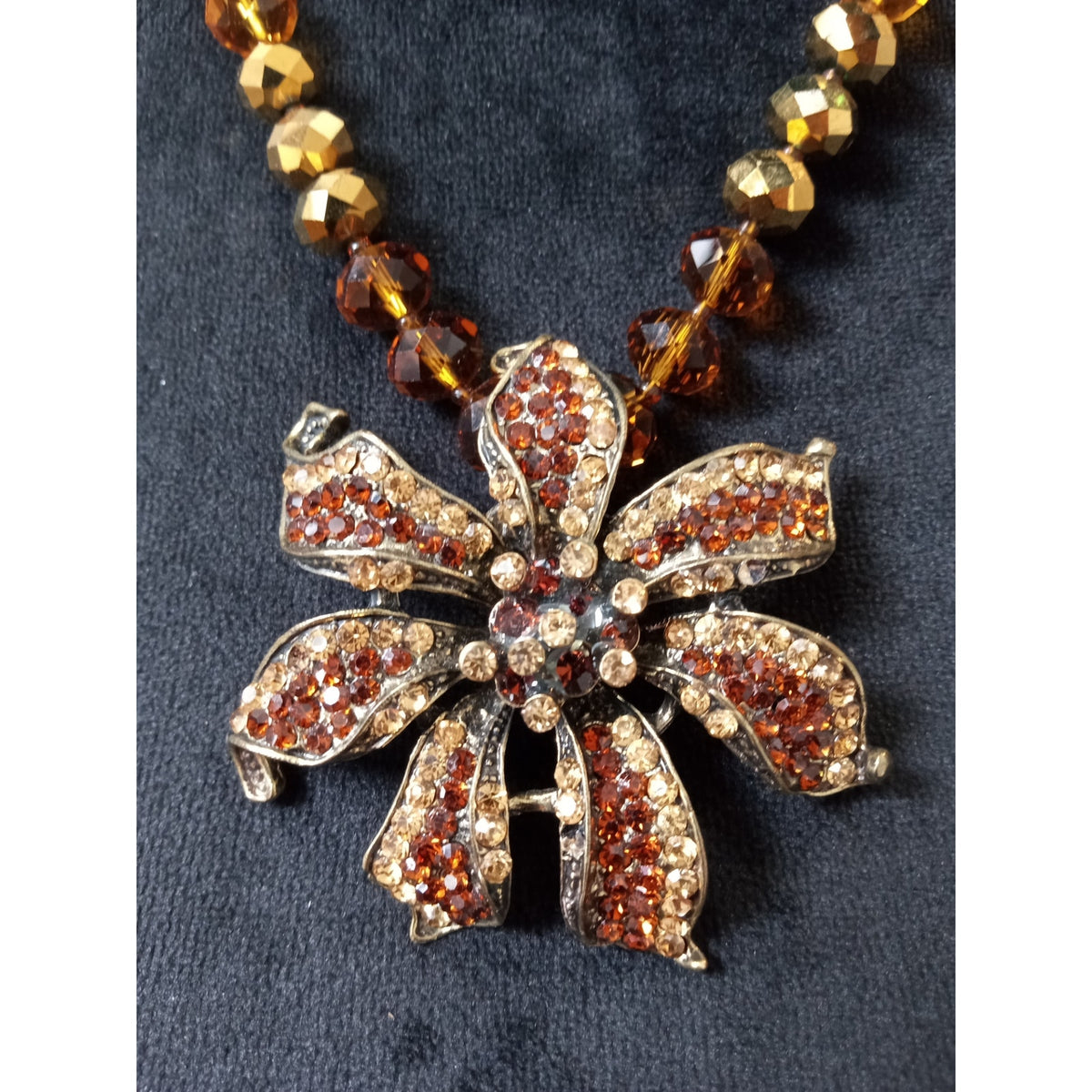 Vintage Amber Rhinestone Flower Pendant Necklace Gold Tone Beaded Statement