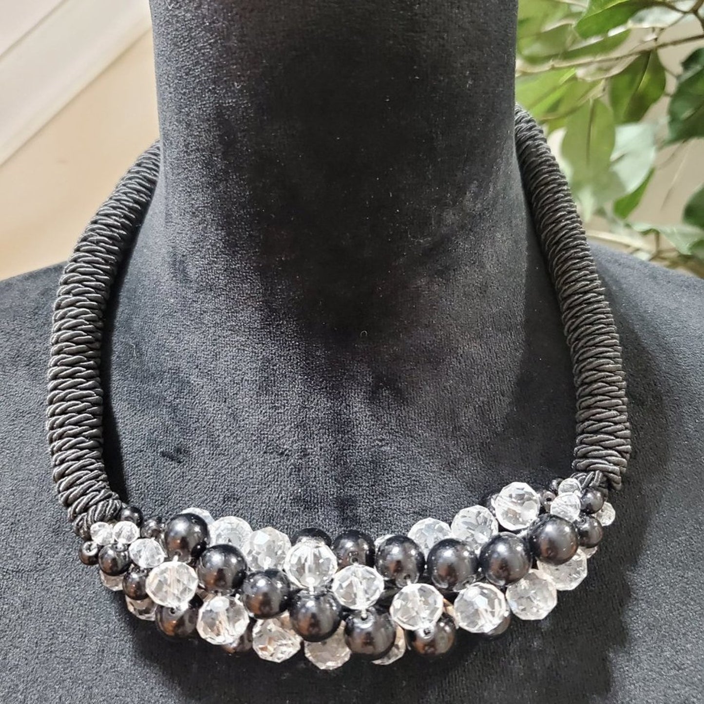 Womens Black Wrapped Crystal Beads Twist Rope Choker Necklace with Lobster Clasp