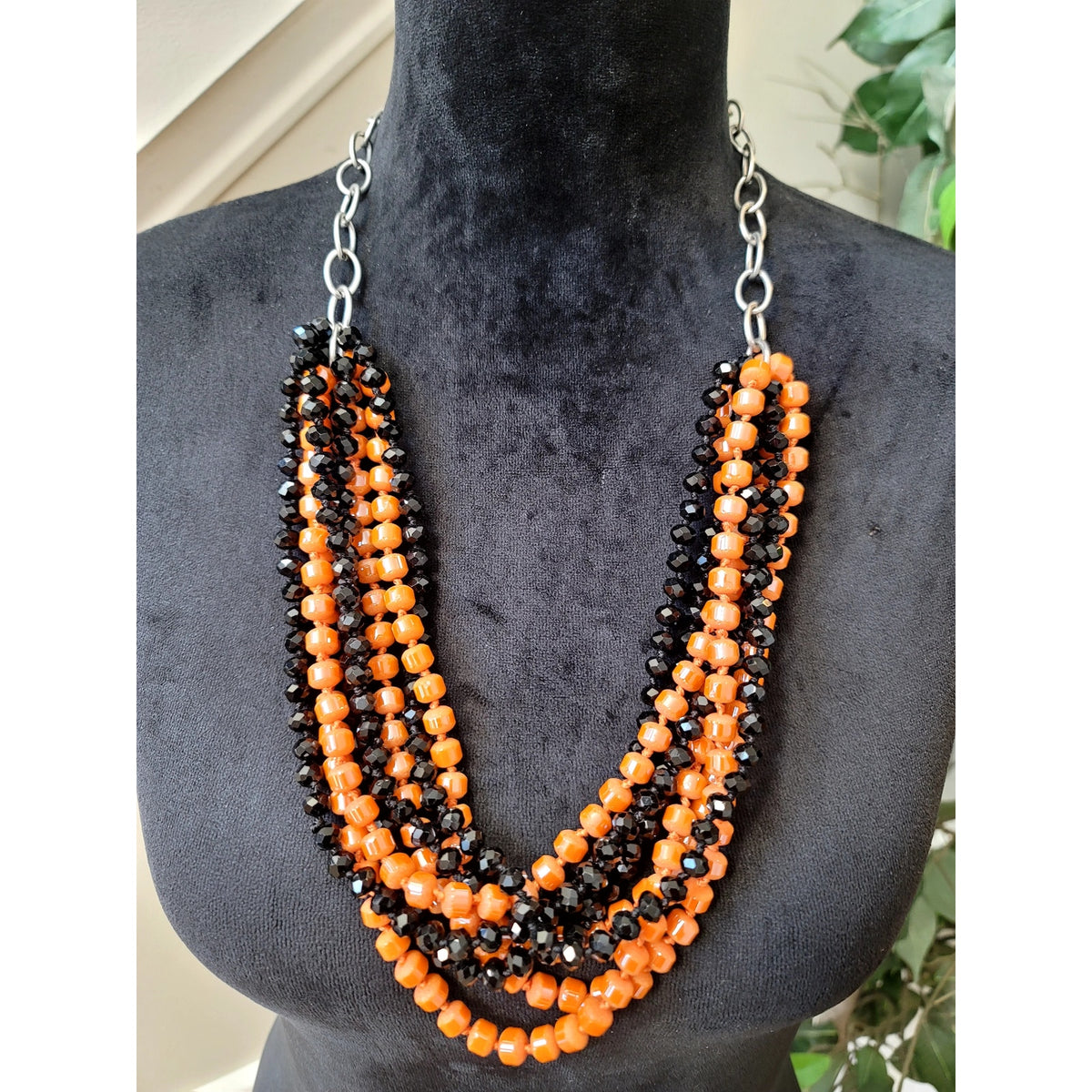Orange & Black Multi-Strand Beaded Necklace Layered Statement Bib Boho Jewelry