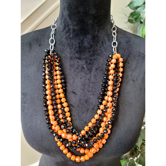 Orange & Black Multi-Strand Beaded Necklace Layered Statement Bib Boho Jewelry