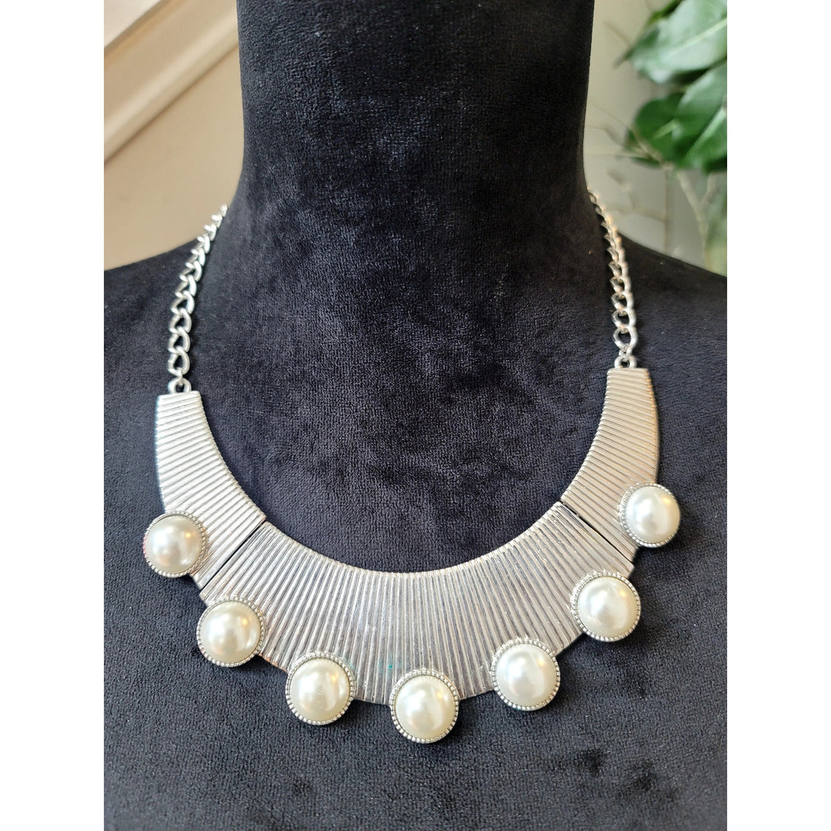 Silver Tone Pearl Cabochon Bib Statement Necklace Modern