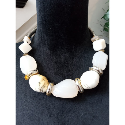 White Chunky Resin Bead Statement Necklace Gold Tone Modern Bib Collar Necklace
