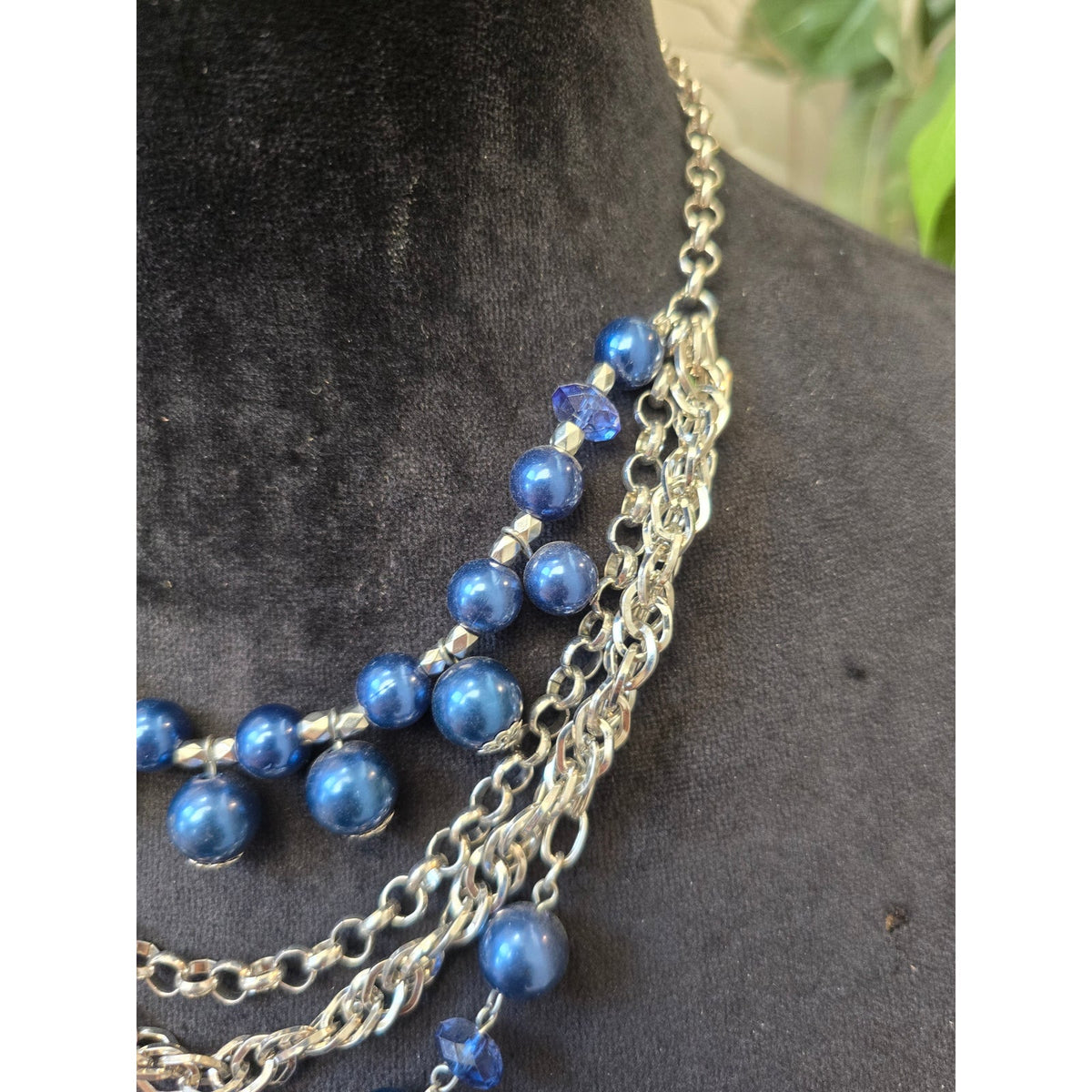 Women's Silver-Tone Multi-Strand Chain Blue Ball Beaded Statement Bib Necklace