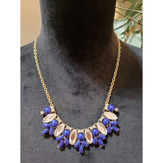 Womens Gold Tone Rhinestone Blue Crystal Acrylic Geo Statement Necklace Jewelry