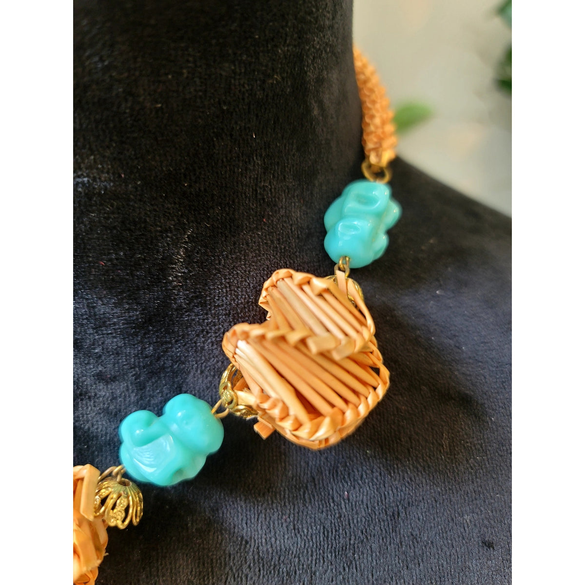 Boho Woven Raffia Turquoise Beaded Statement Necklace Orange Geometric Chunky