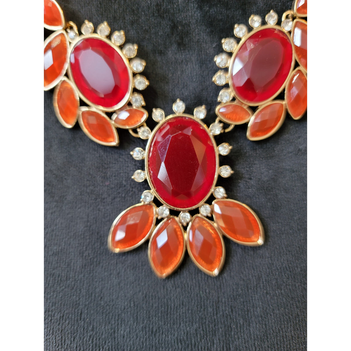 Women's Statement Necklace And Earrings Set Red And Orange Gemstones Jewelry