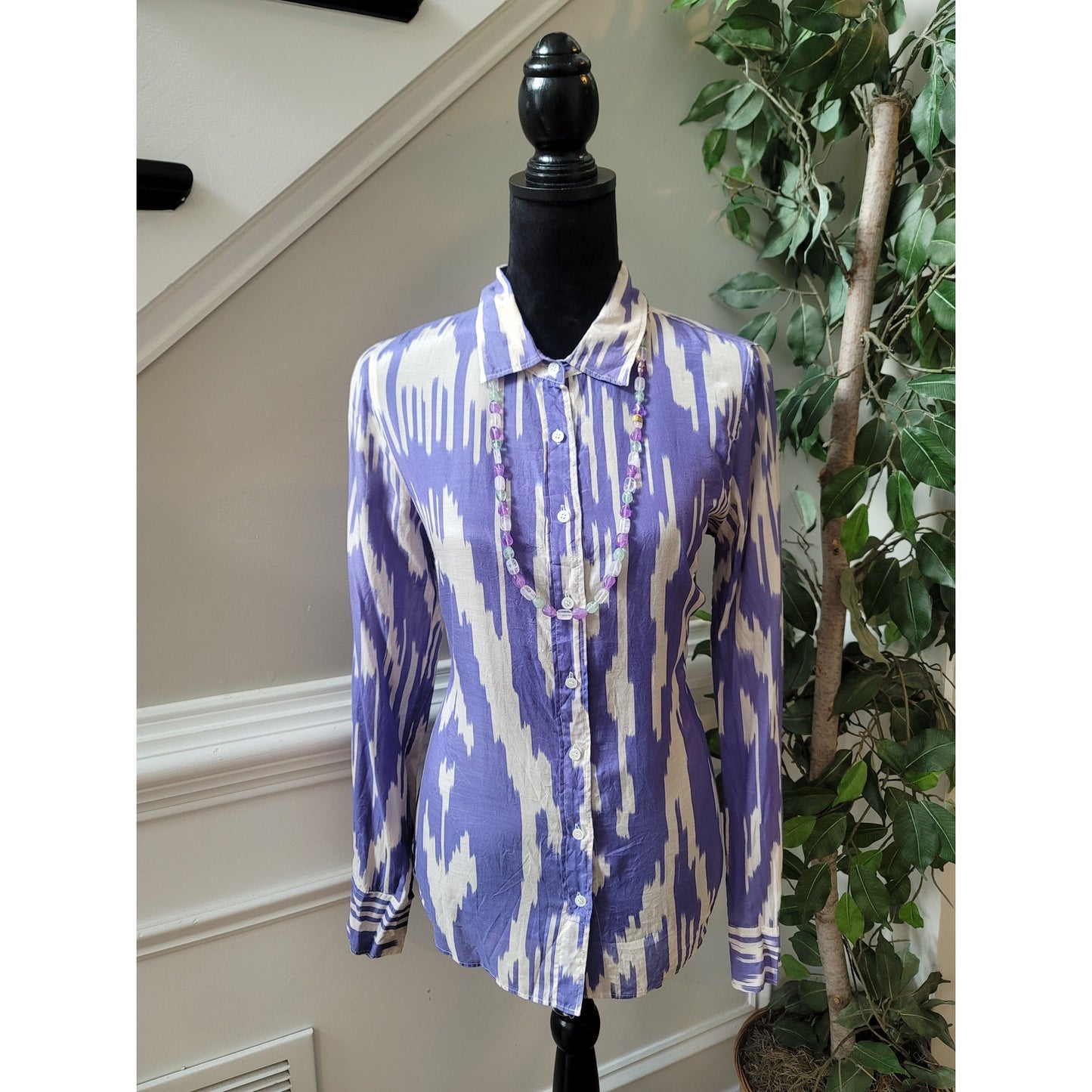 J Crew Button Up Shirt Women's Size 8 Purple White Silk Cotton Blend Long Sleeve