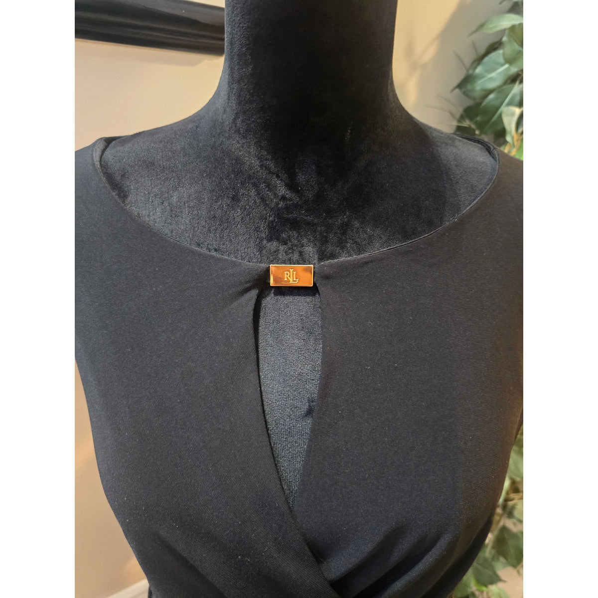 Lauren Ralph Lauren Cocktail Dress Women SZ 14 Black Faux Wrap Boat Neck Keyhole