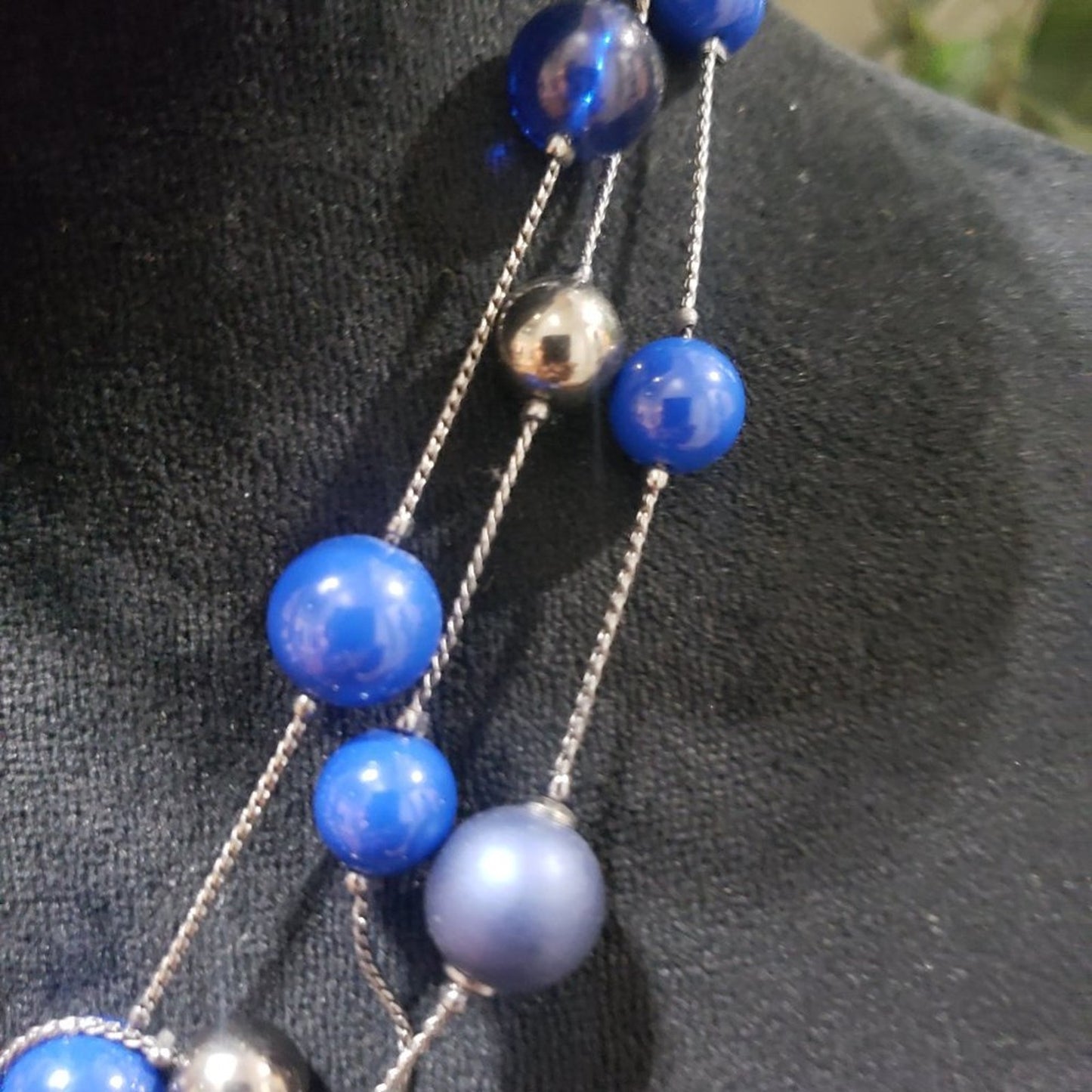 Women Triple Layered Blue and Silver Color Charm Beads Statement Choker Necklace