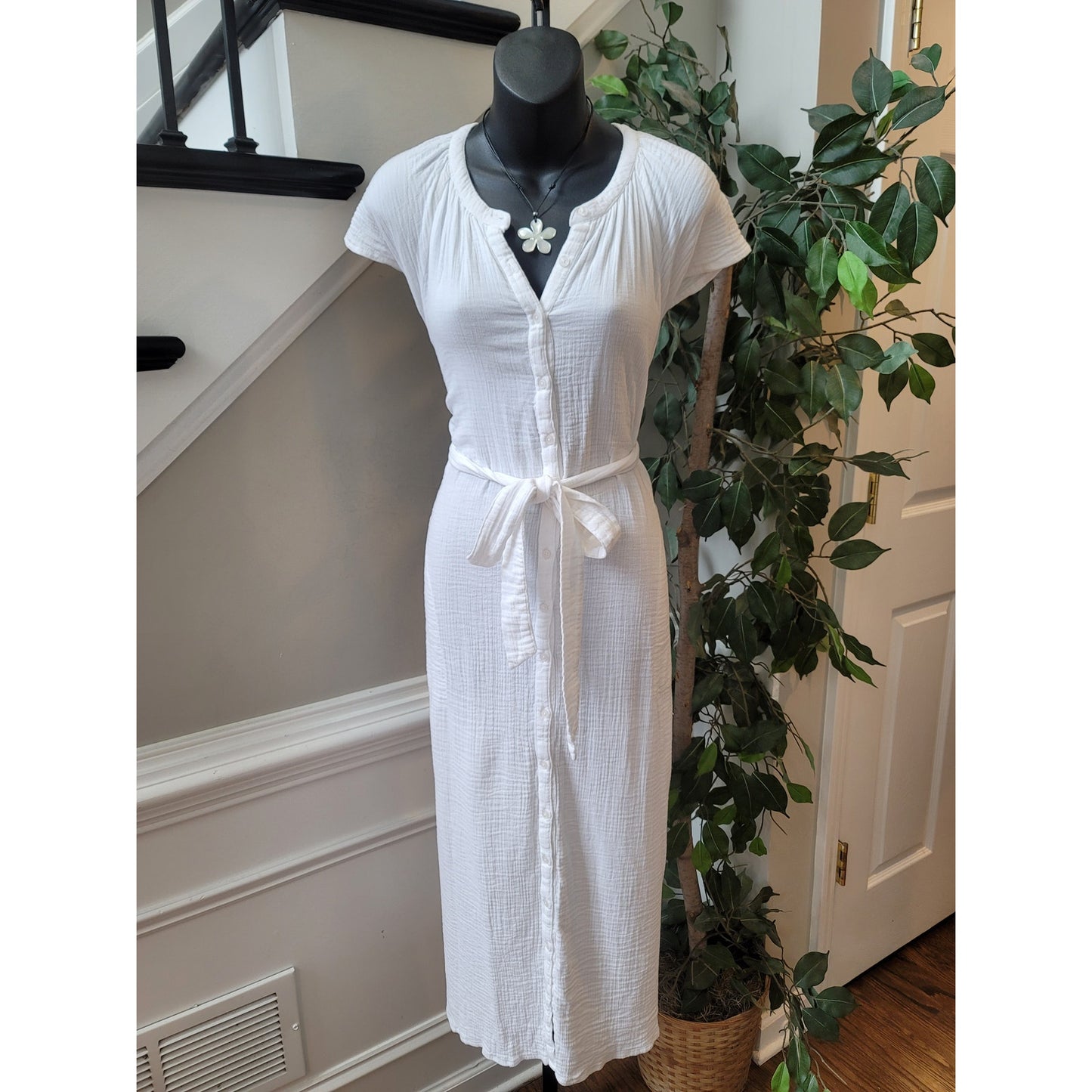 RD Style Button Down Dress Women Medium White Cotton Lightweight Casual
