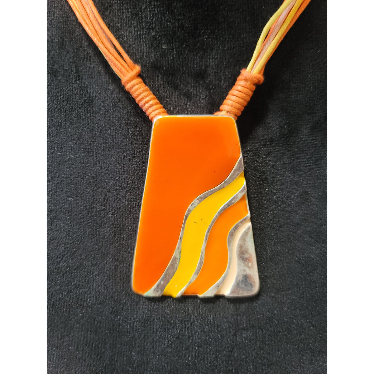 Women Statement Necklace w Earring Set Orange Geometric Pendant Multistrand Cord