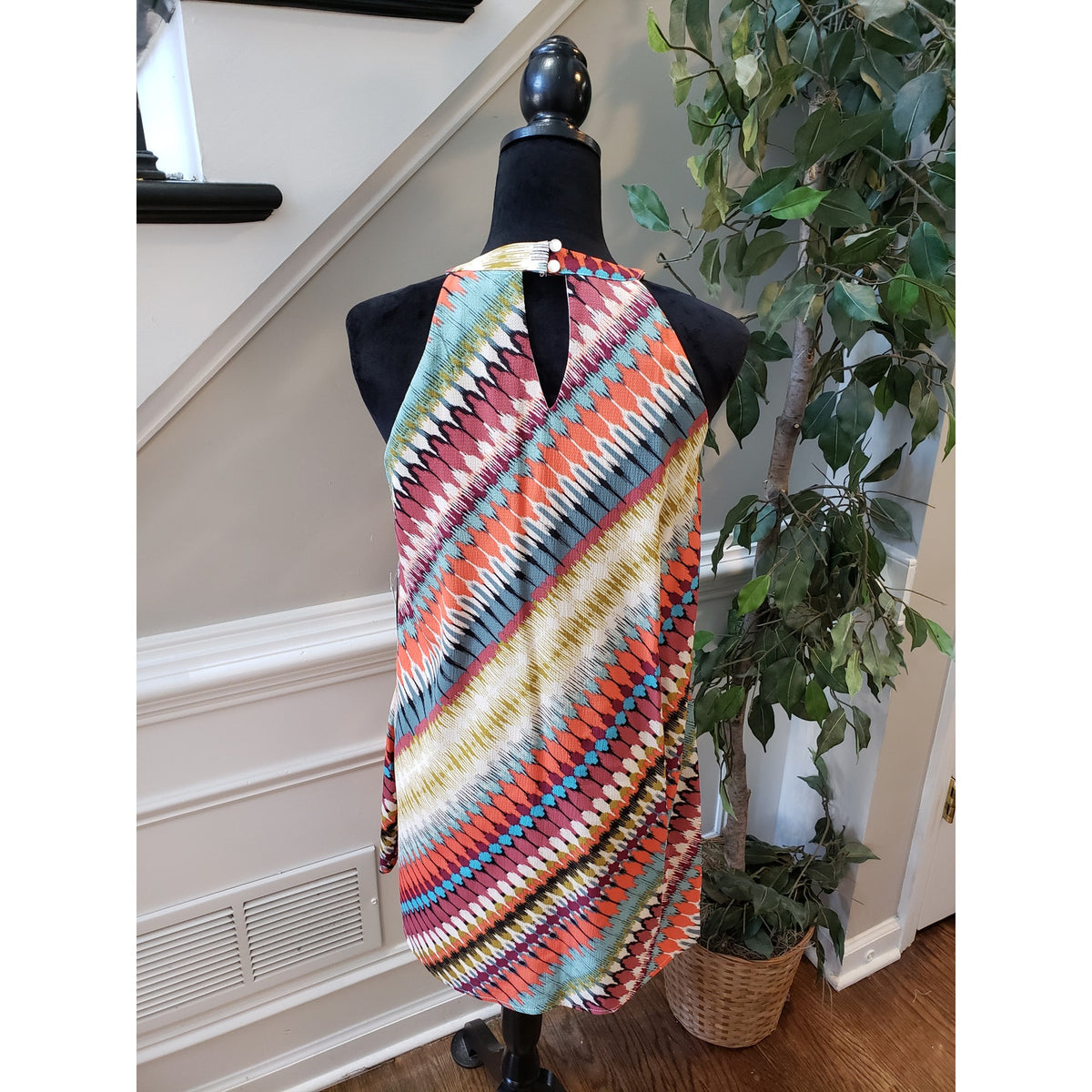 As U Wish Dress Women M Multicolor Sleeveless Ikat Halter Keyhole Boho Chic