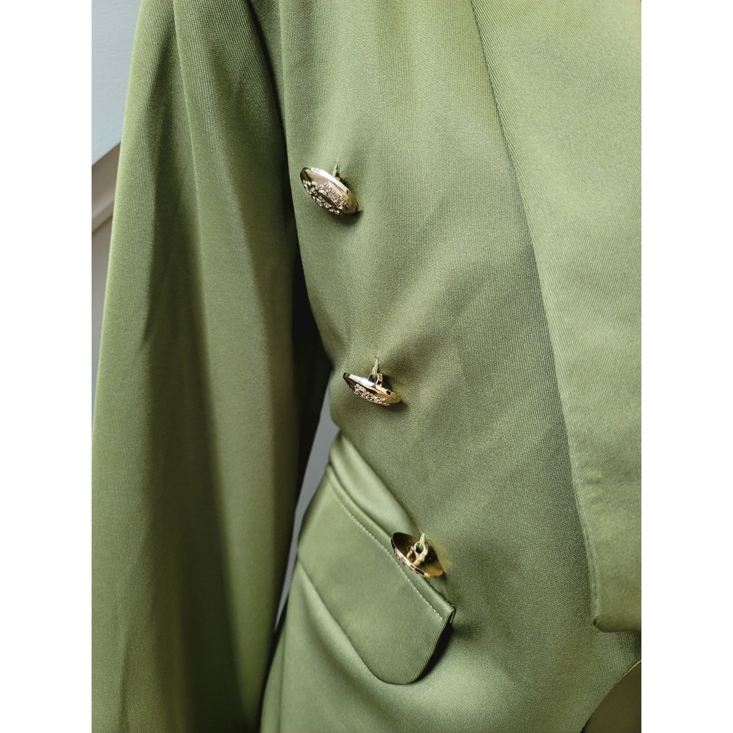 Women's 2 Piece Suit Size L Green Solid Long Sleeve Double Breasted Open Front