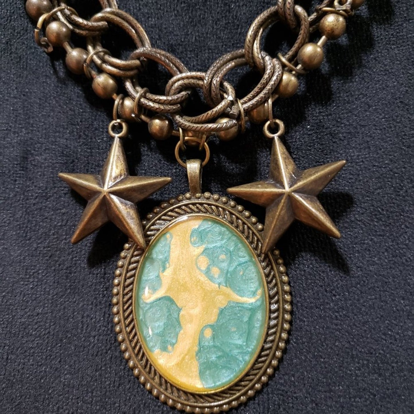 Women Bronze Moon Stars Rhinestones Oval Locket Collar Necklace w/ Lobster Clasp