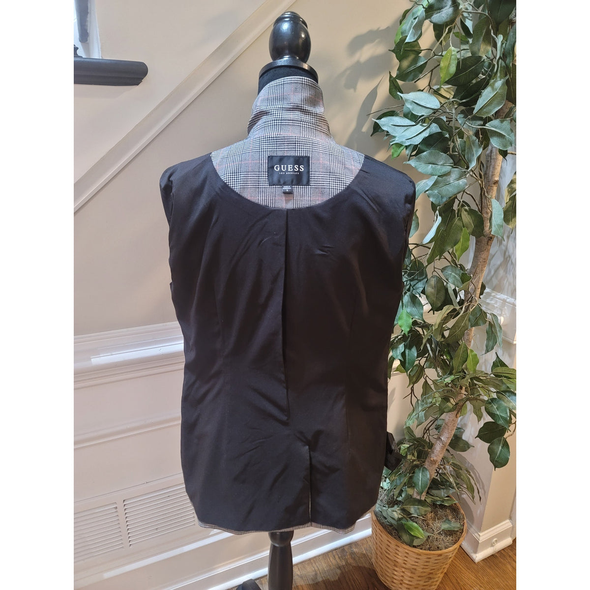 Guess Blazer Women Small Gray/Black Plaid Double Breasted Faux Pocket Lined