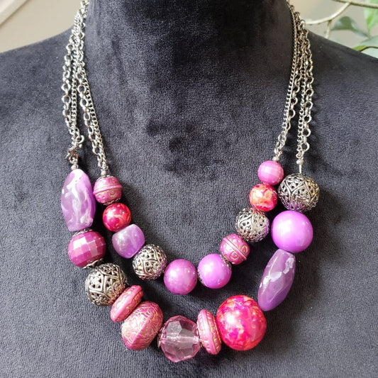 Womens Silver Tone Balls Plastic Beads Chunky Purple Necklace with Lobster Clasp